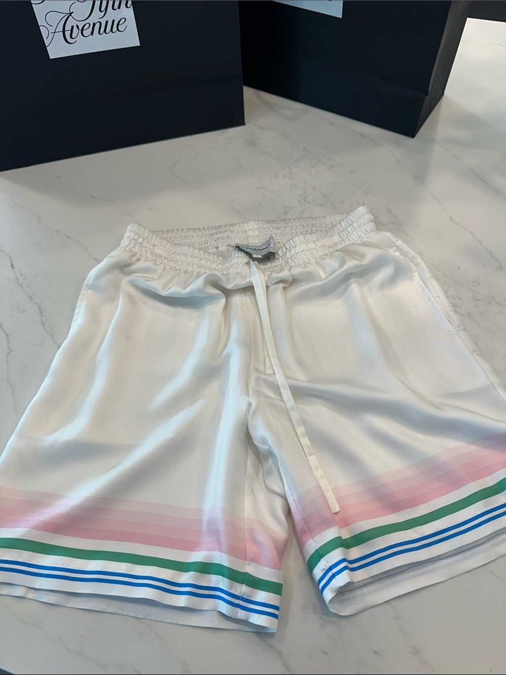 Men’s Casablanca White Flat Front Men's Shorts with Pastel Stripe Hem